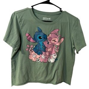 Disney Kids  Youth XL T-Shirt with Stitch and Angel on Green Rolled Hem 💯 Cotton